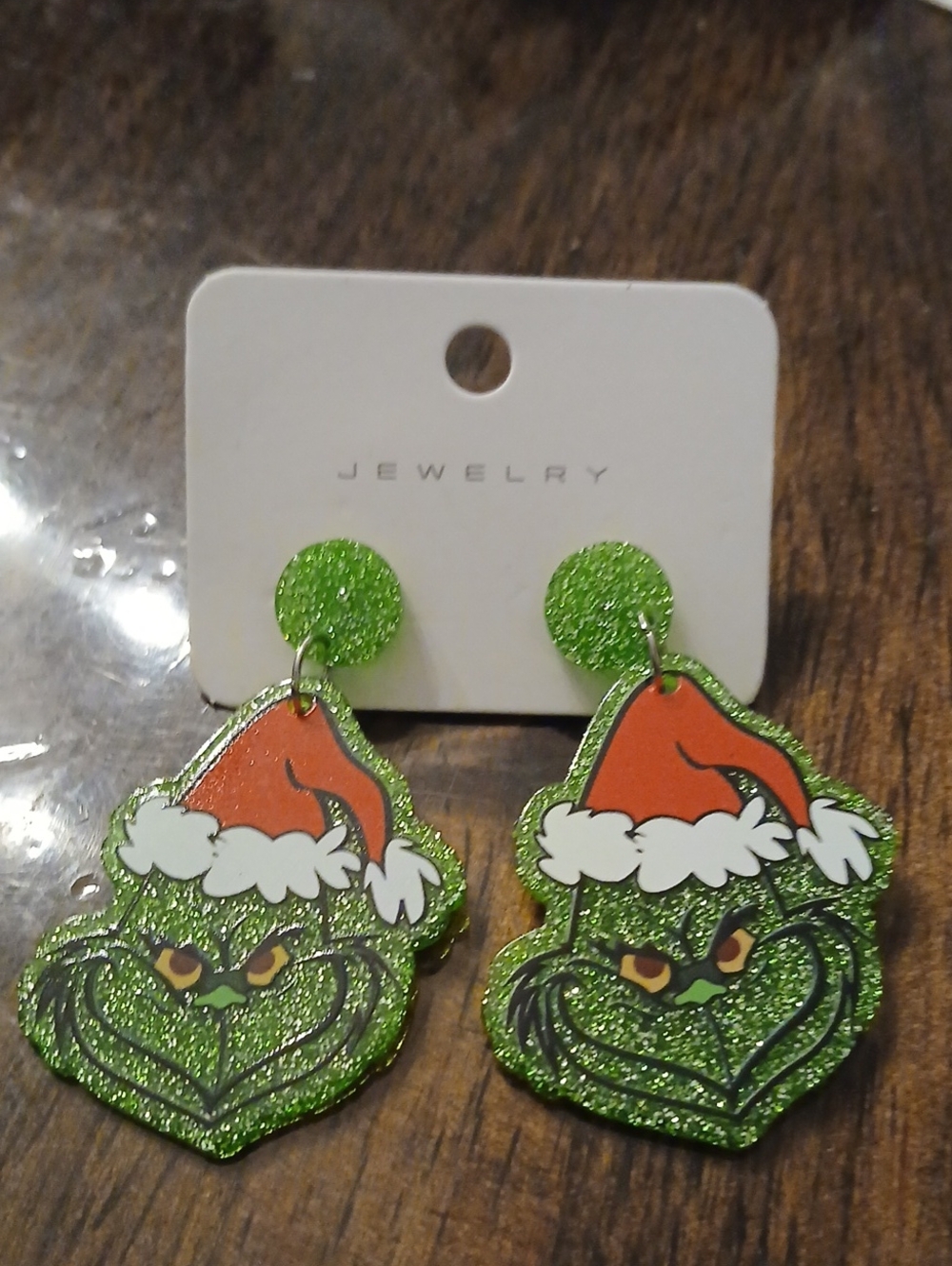 Green Glitter Grinch Drop Earrings - Unbranded